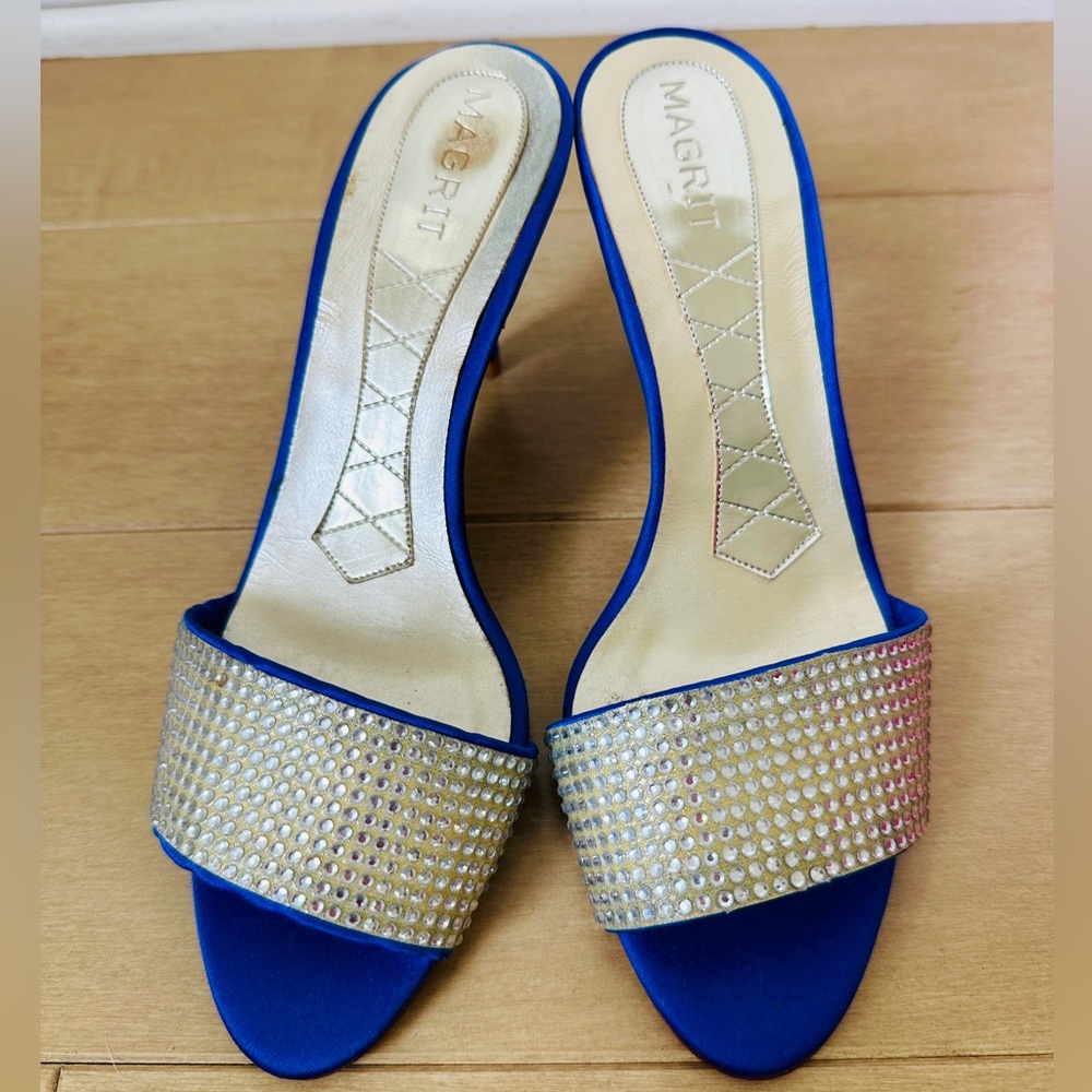 MAGRIT Blue Silk Swarovski Crystal High Heel Sandal, Size 35.5